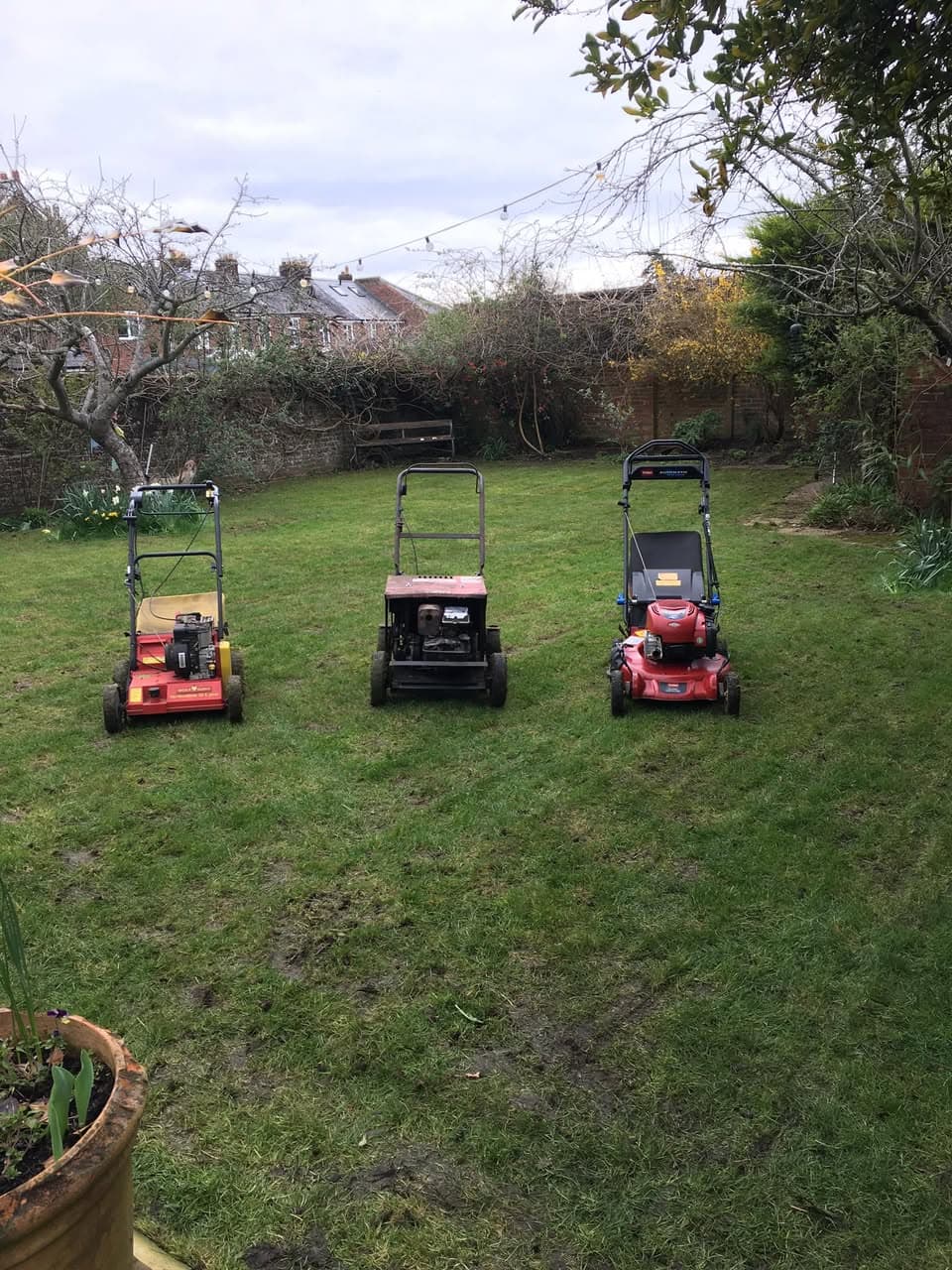 Professional lawn mowers lined up on residential lawn